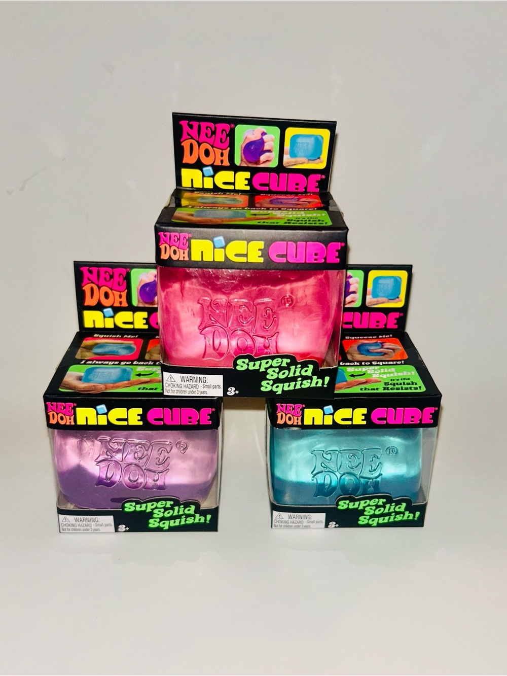 3ct NeeDoh Nice Cubes Super Solid Squish Blue Pink & Purple 2.5” NIB